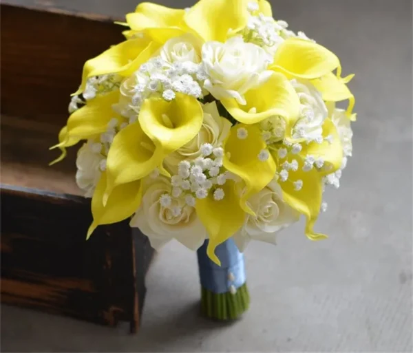 Yellow Calla Lilies & White Rose Wedding Bridal Bouquet