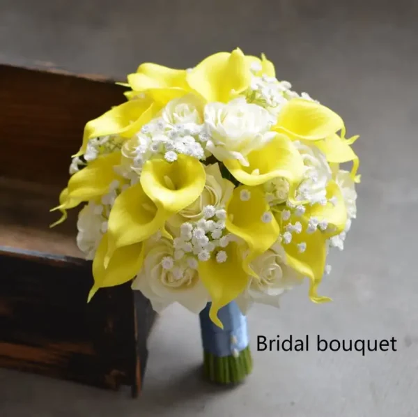 Yellow Calla Lilies & White Rose Wedding Bridal Bouquet - Image 3