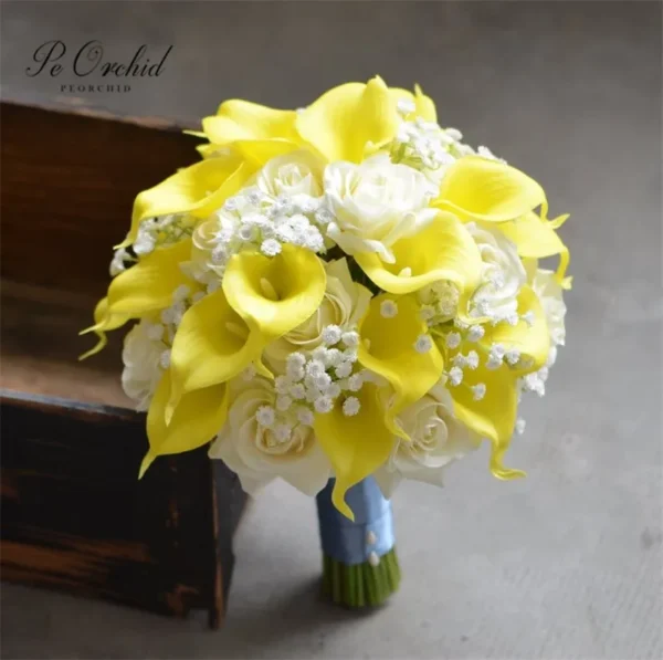 Yellow Calla Lilies & White Rose Wedding Bridal Bouquet - Image 4
