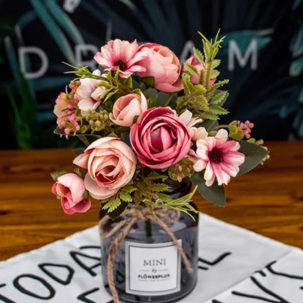 Pink Silk Rose Bouquet – 5PCS Artificial Flowers - Image 2