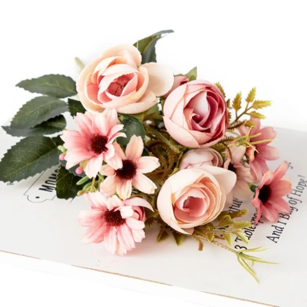 Pink Silk Rose Bouquet – 5PCS Artificial Flowers - Image 4