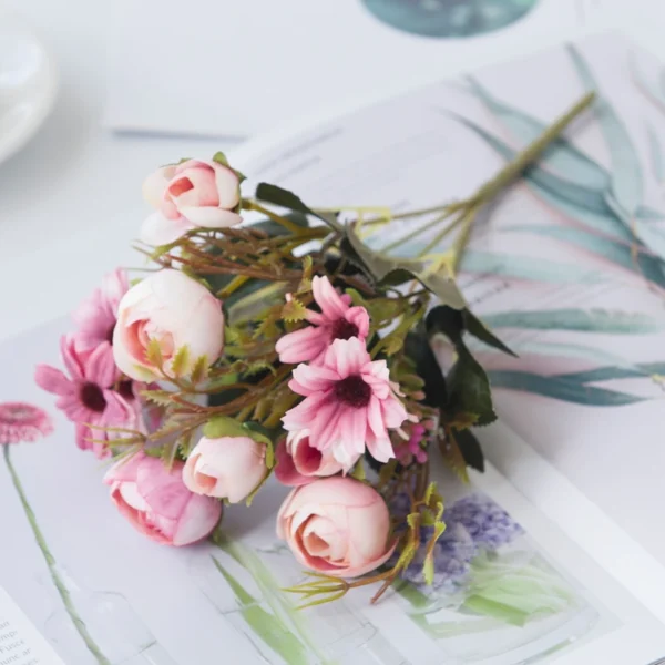 Pink Silk Rose Bouquet – 5PCS Artificial Flowers - Image 10