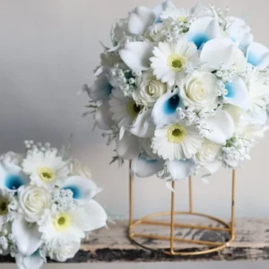 PEORCHID Faux Malibu Blue & White Bridal Bouquet Roses