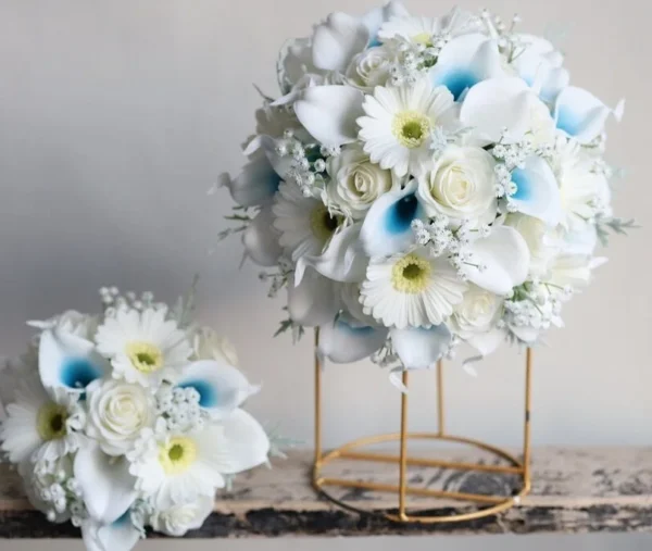 PEORCHID Faux Malibu Blue & White Bridal Bouquet Roses