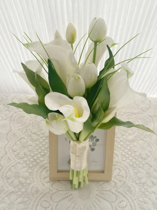 White Tulip & Lily Wedding Bouquet – Elegant Faux Flowers
