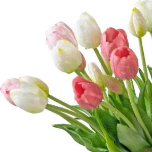 YeeNanee Pink & White Artificial Tulip Bouquet, 15pcs
