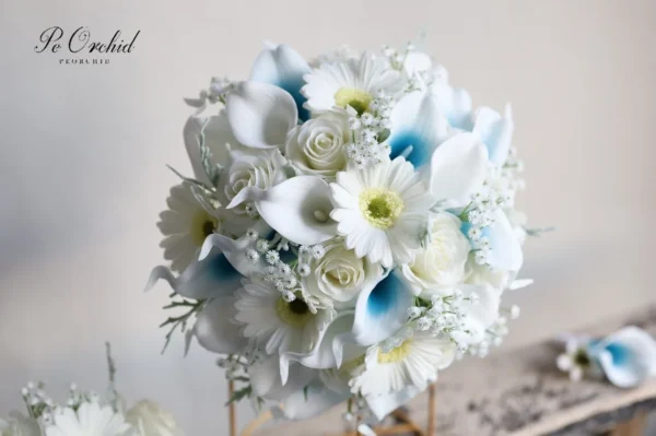PEORCHID Faux Malibu Blue & White Bridal Bouquet Roses - Image 3