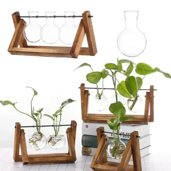 Vintage Glass Hydroponic Vase with Wooden Frame - Image 3