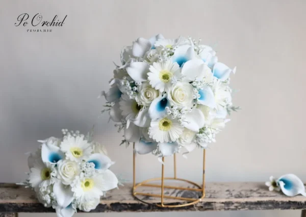 PEORCHID Faux Malibu Blue & White Bridal Bouquet Roses - Image 5