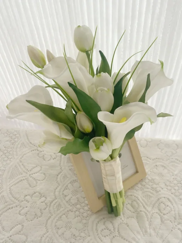 White Tulip & Lily Wedding Bouquet – Elegant Faux Flowers - Image 5