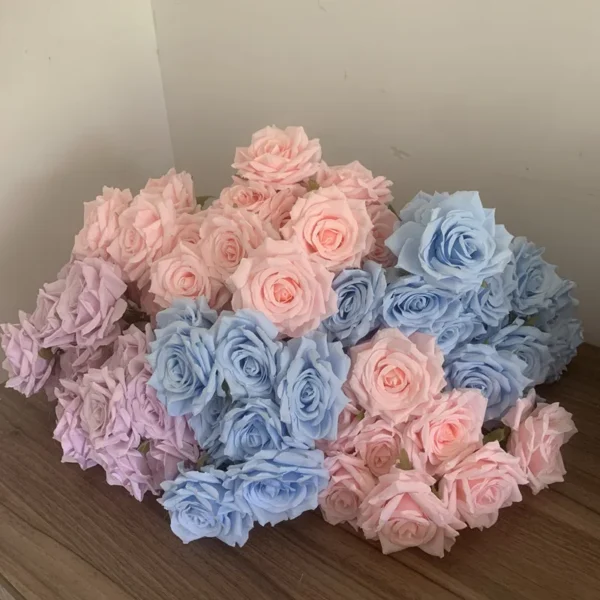 Artificial Roses Bouquet – Pink Blue Purple Silk Flowers - Image 2