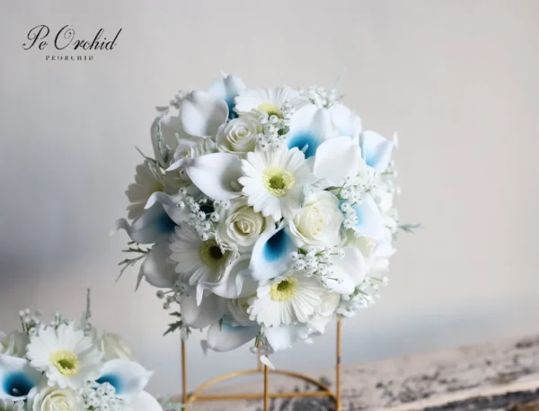 PEORCHID Faux Malibu Blue & White Bridal Bouquet Roses - Image 4
