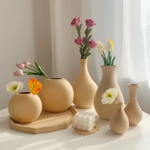Retro Wooden Flower Vase with Silk Hydrangea Bouquet