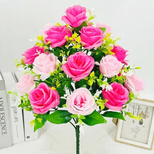 18-Head Silk Rose Bouquet – Wedding & Home Decoration - Image 3