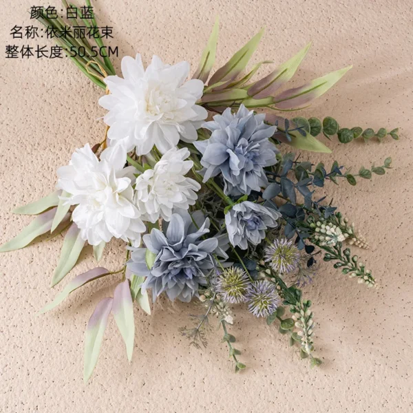 Wholesale Dahlia White Blue Eucalyptus Silk Bouquet Decoration - Image 7