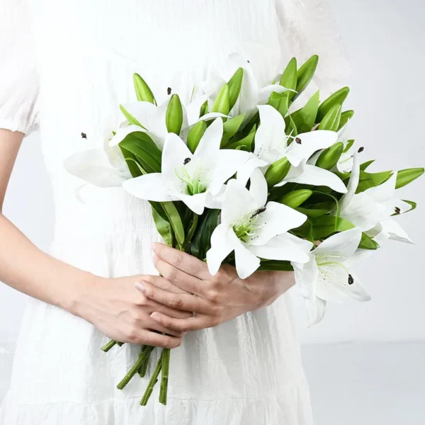 5Pcs White Lily Artificial Flowers for Home & Wedding Decor - Image 4
