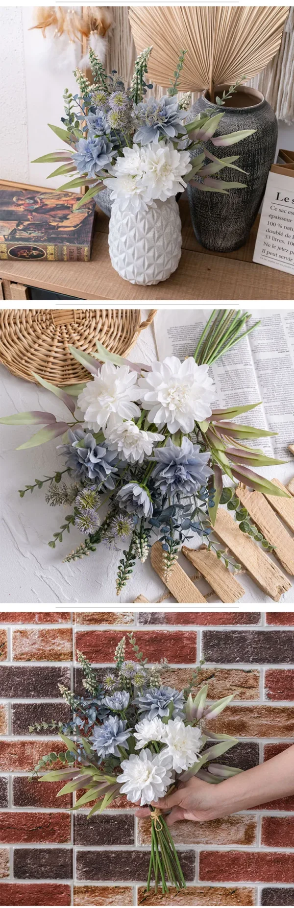 Wholesale Dahlia White Blue Eucalyptus Silk Bouquet Decoration - Image 9
