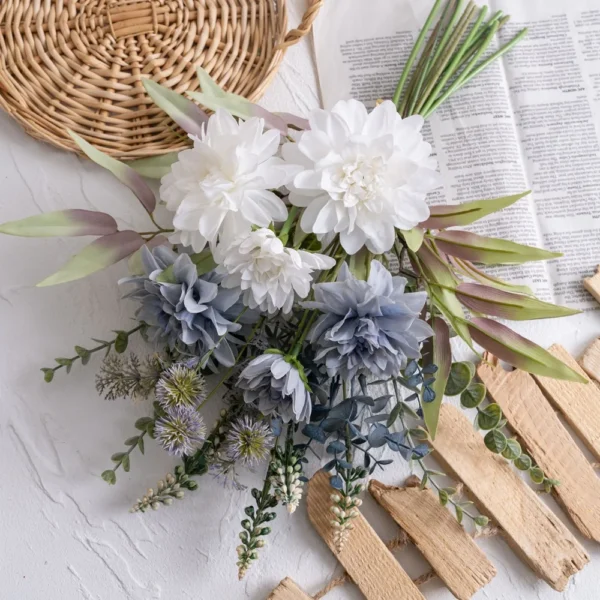 Wholesale Dahlia White Blue Eucalyptus Silk Bouquet Decoration - Image 2