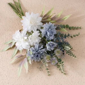 Wholesale Dahlia White Blue Eucalyptus Silk Bouquet Decoration
