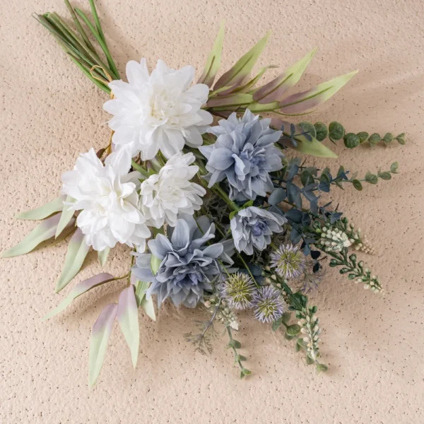 Wholesale Dahlia White Blue Eucalyptus Silk Bouquet Decoration