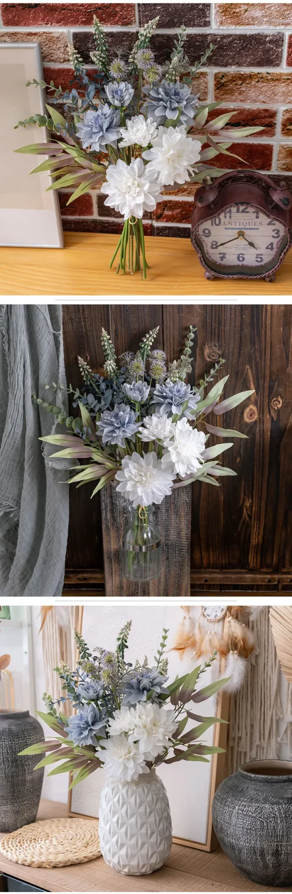Wholesale Dahlia White Blue Eucalyptus Silk Bouquet Decoration - Image 11
