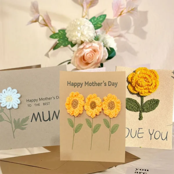 Handmade Flower Crochet Greeting Card – Kraft Paper Gift - Image 2