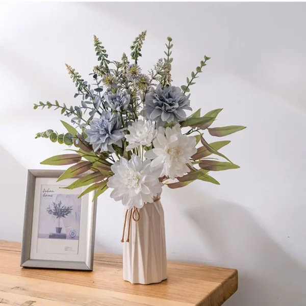 Wholesale Dahlia White Blue Eucalyptus Silk Bouquet Decoration - Image 5