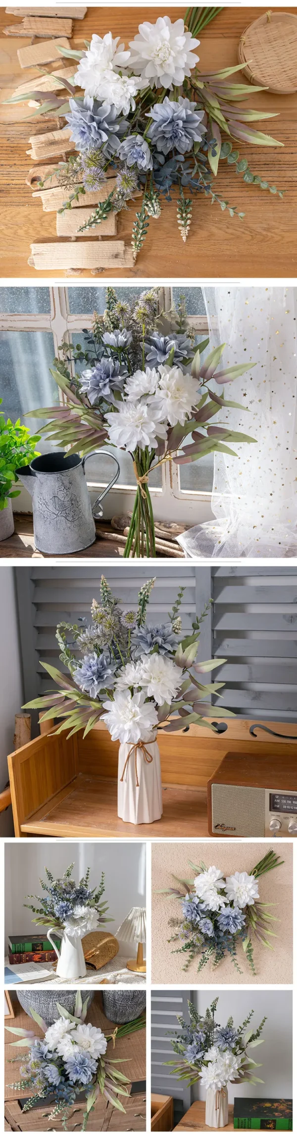Wholesale Dahlia White Blue Eucalyptus Silk Bouquet Decoration - Image 12