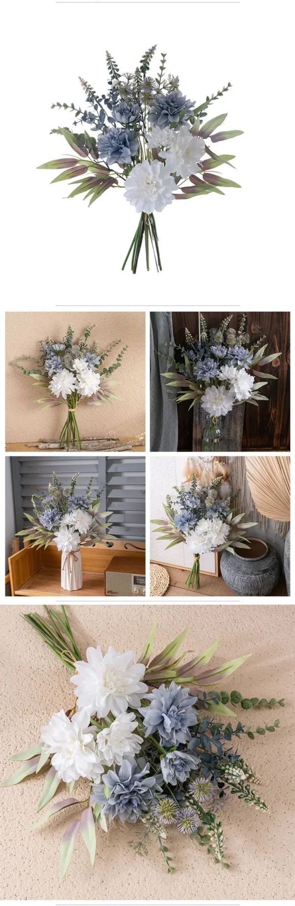Wholesale Dahlia White Blue Eucalyptus Silk Bouquet Decoration - Image 10